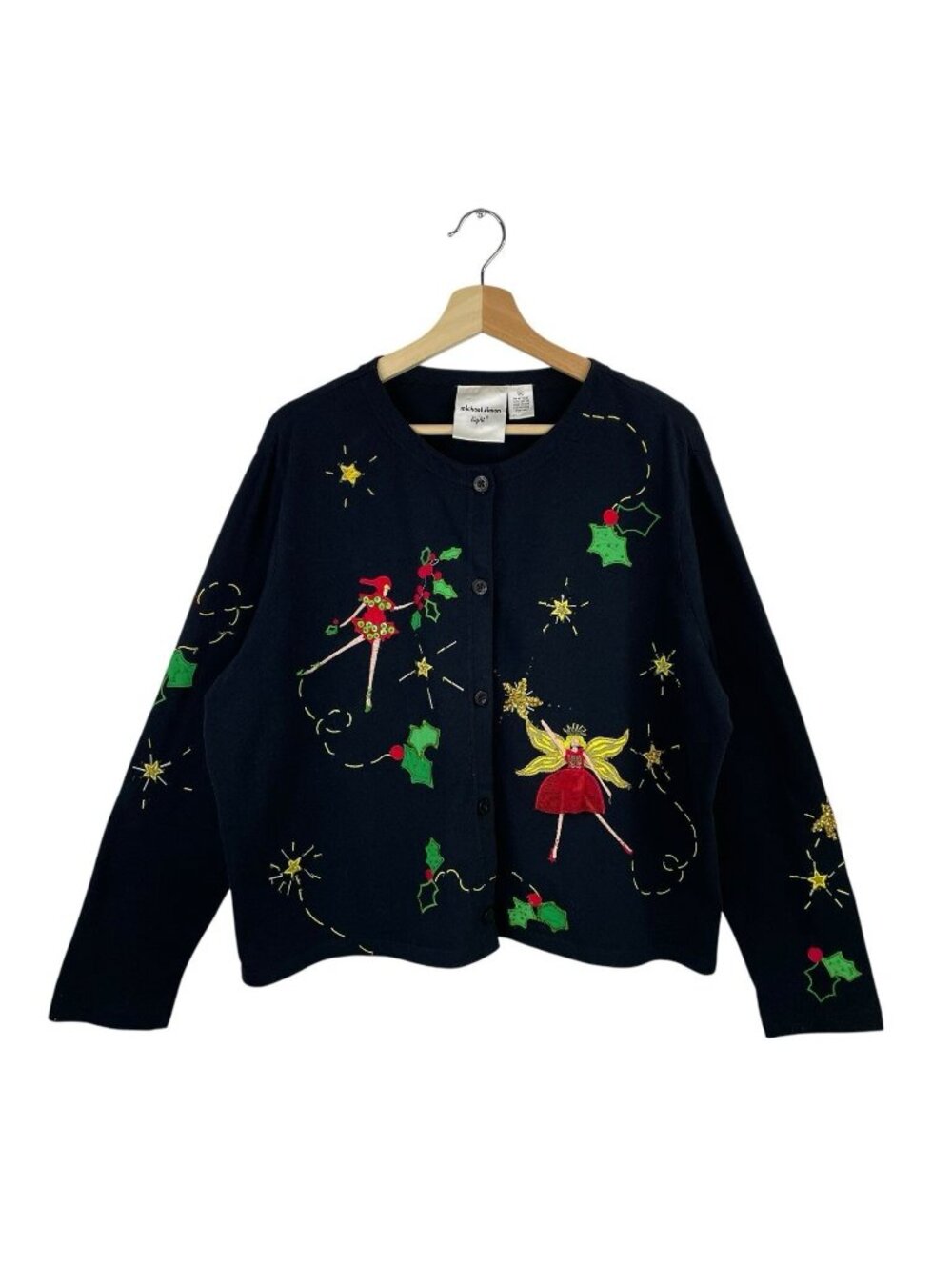 VTG Michael Simon Christmas Fairies Cardigan Holiday Sweater 90s Sequins Sz XL
